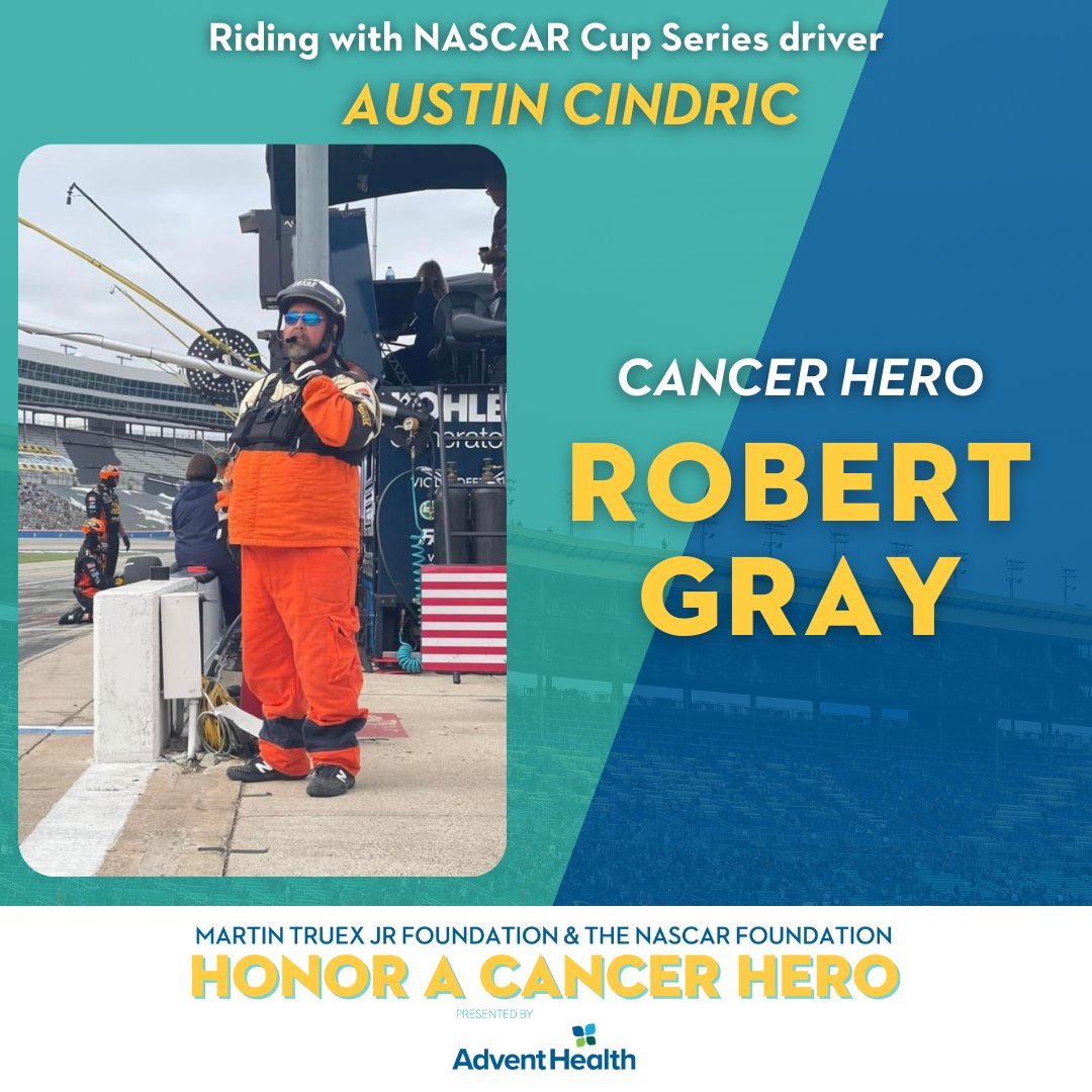 NASCAR_FDN's tweet image. Riding with @Team_Penske driver @AustinCindric is @TXMotorSpeedway Pit Road Fire Chief Robert Gray. During his treatment, he didn't miss a race, supporting his team.

@MTJFoundation | @AdventHealth
#HeroesRideAlong #NASCAR #NASCARPlayoffs