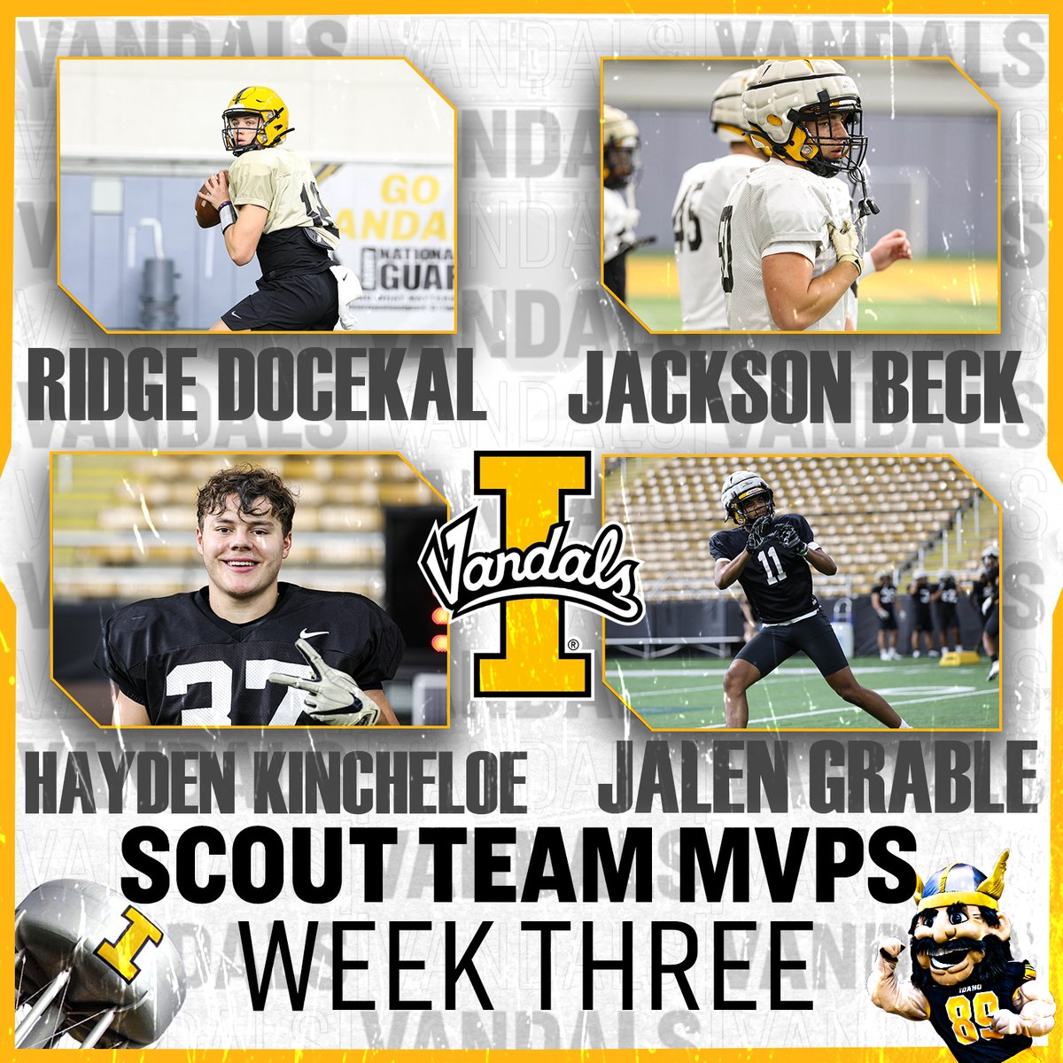 Our Scout Team Players of the Week! <a href="/RidgeDocekal/">Ridge Docekal</a>, <a href="/jbeck_0/">Jackson Beck</a>, <a href="/HaydenKincheloe/">Hayden Kincheloe</a> and <a href="/jalengrable1/">Jalen Grable</a> worked their tails off to help the Vandals get prepared to put on a show in the dome!

#GoVandals