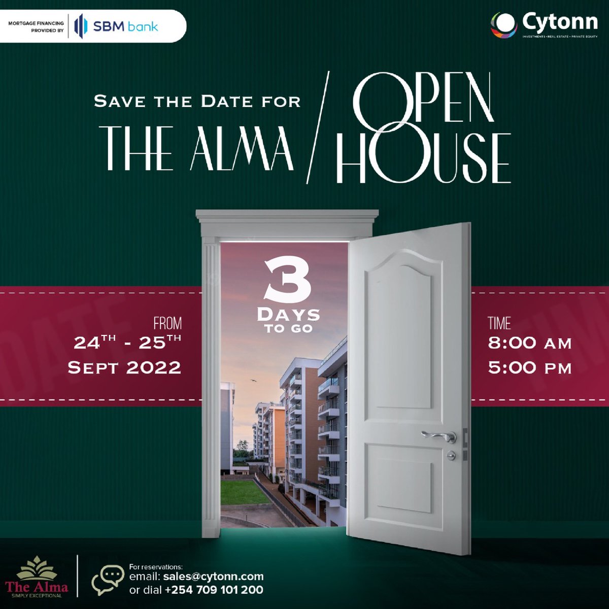 CytonnRE's tweet photo. The #AlmaOpenHouse on the 24th & 25th of September is a friendly and exciting affair!
Your exclusive tour of the Alma awaits you and your friend at the site. Transport shall be provided from The Chancery to The Alma in Ruaka.
RSVP: clientservices@cytonn.com
π 0709 101 200 https://t.co/FnXEAL3d9C