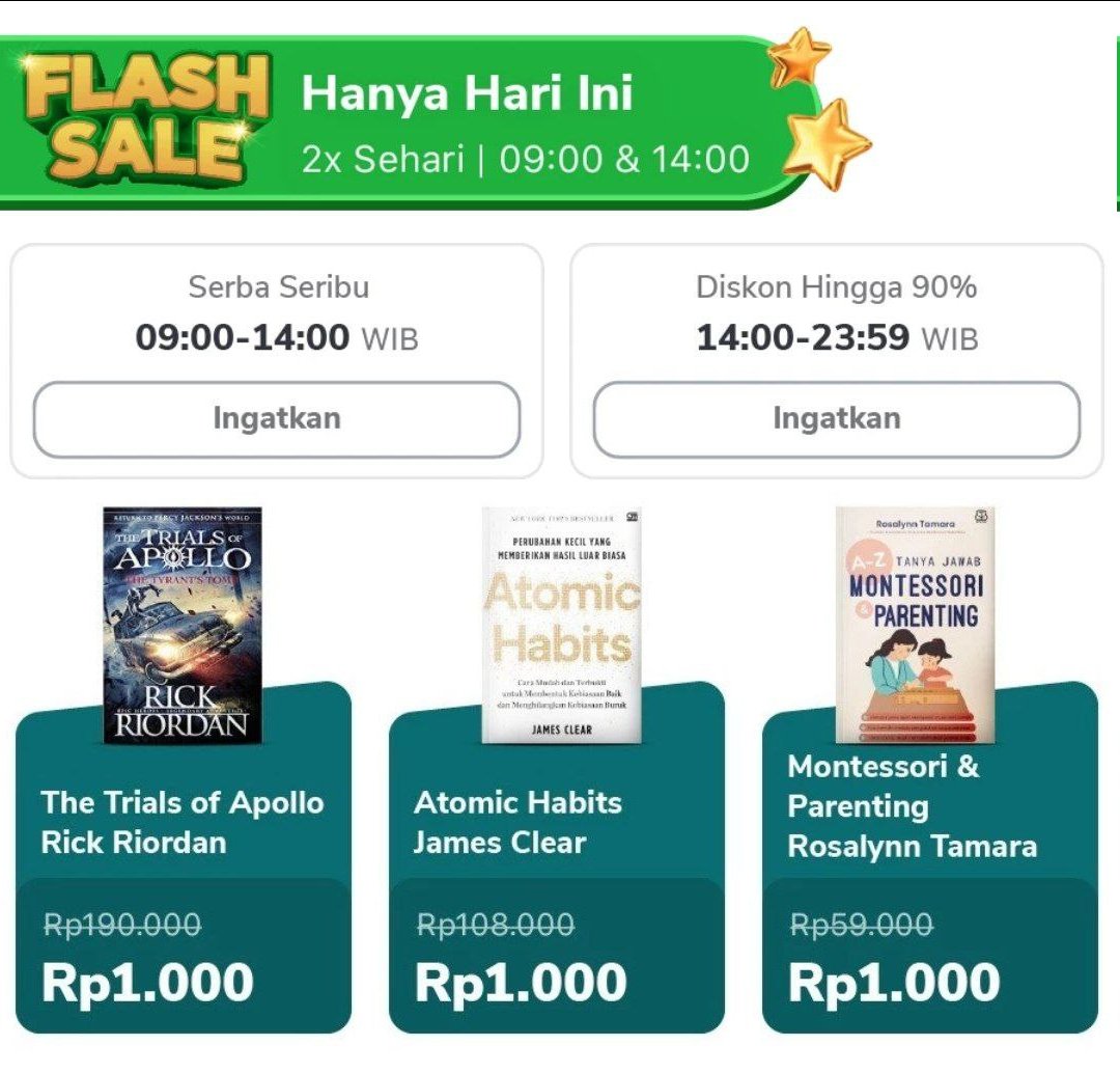 i_m_mortal_'s tweet photo. Flash Sale Serba Seribu
🕘 09:00

The Tyrant s Tomb (The Trials of Apollo, Book Four) UK
https://t.co/fRxUzJy40G
Atomic Habits: Perubahan Kecil yang Memberikan Hasil Luar Biasa
https://t.co/vNCwkgaYZv
--------------------
Cek produk lainnya disini
https://t.co/En2xsFt6LO https://t.co/hPTeyV9OE4