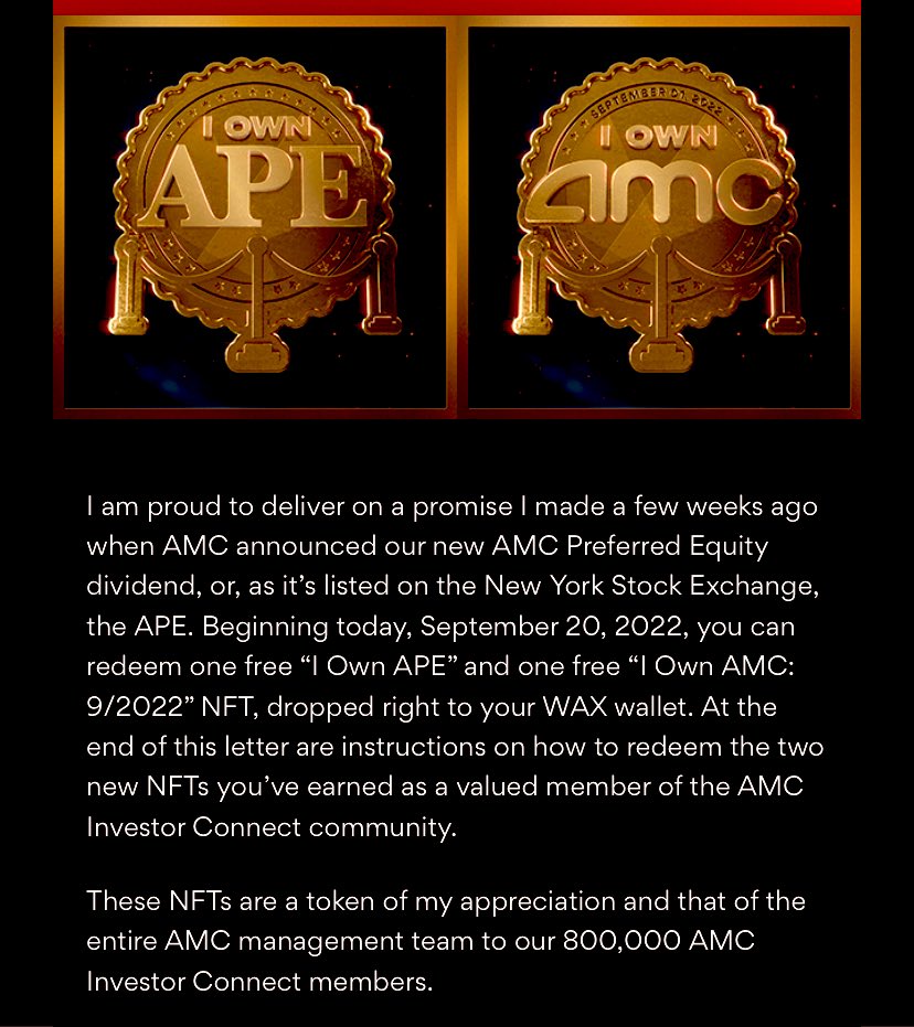 TheGoldApe's tweet photo. CHECK YOUR INVESTOR CONNECT EMAIL $AMC $APE $HYMC #NFT UPDATE. @CEOAdam @DianeG_CEO https://t.co/3Hk6i6My8h
