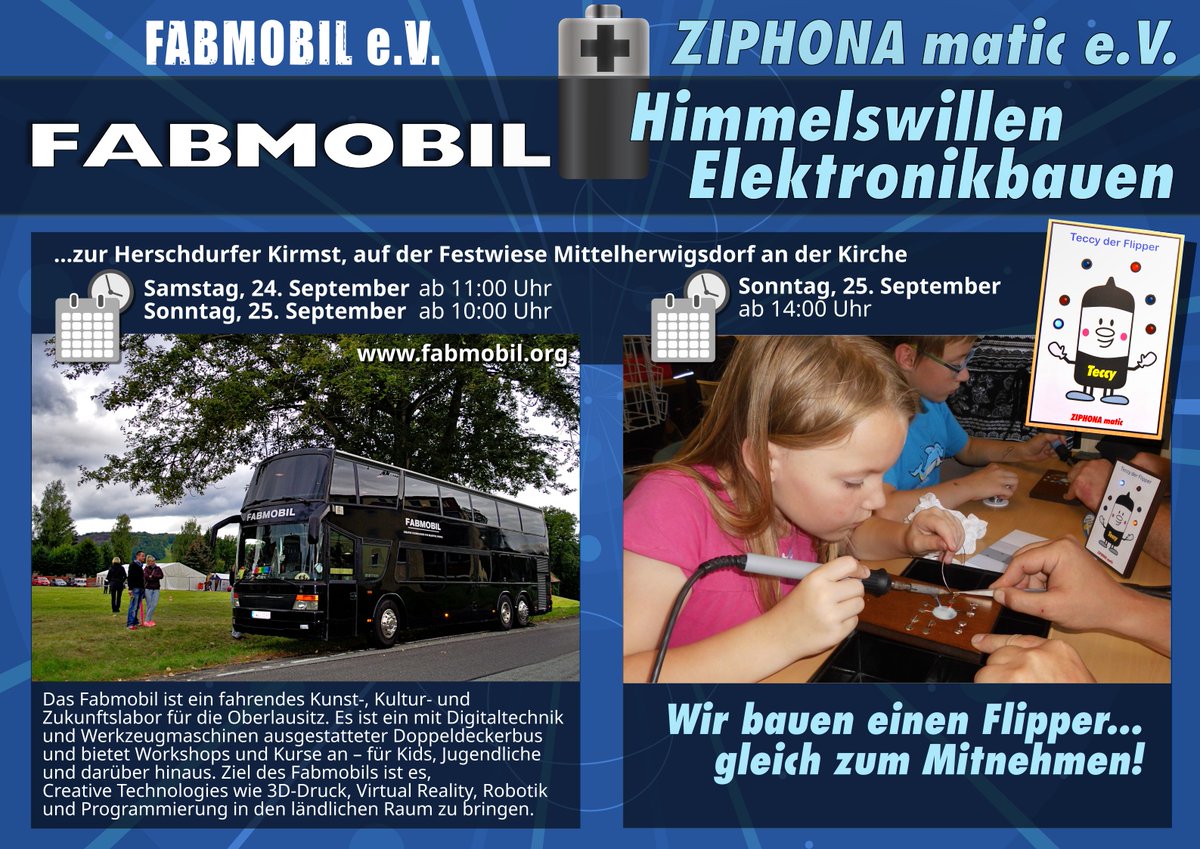 Zur Herschdurfer Kirmst begrüßen wir erneut das großartige <a href="/fabmobil/">F A B M O B I L</a>: Samstag und Sonntag lädt es alle bastel- und tüftelfreudigen Gäste zum Mitmachen ein. Und sonntags gibt es wieder das traditionelle "Himmelswillen Elektronikbauen". Schaut mal rein!

herschdurfer-karneval.de/wpr/?p=3507