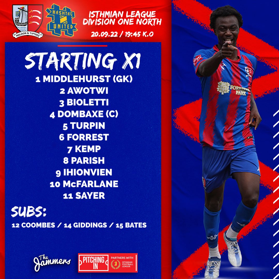 MaldonTiptreeFC's tweet photo. ๐จ Your Jammers starting 11 to take on @hashtagutd this evening!
๐งฑ @Georgeforrestt starts in defence.
๐โโ๏ธ @scott_dkemp in midfield.
๐จ @harvsayer on the wing.
#Jammers๐#MALHAS https://t.co/6wCFNZLrOJ