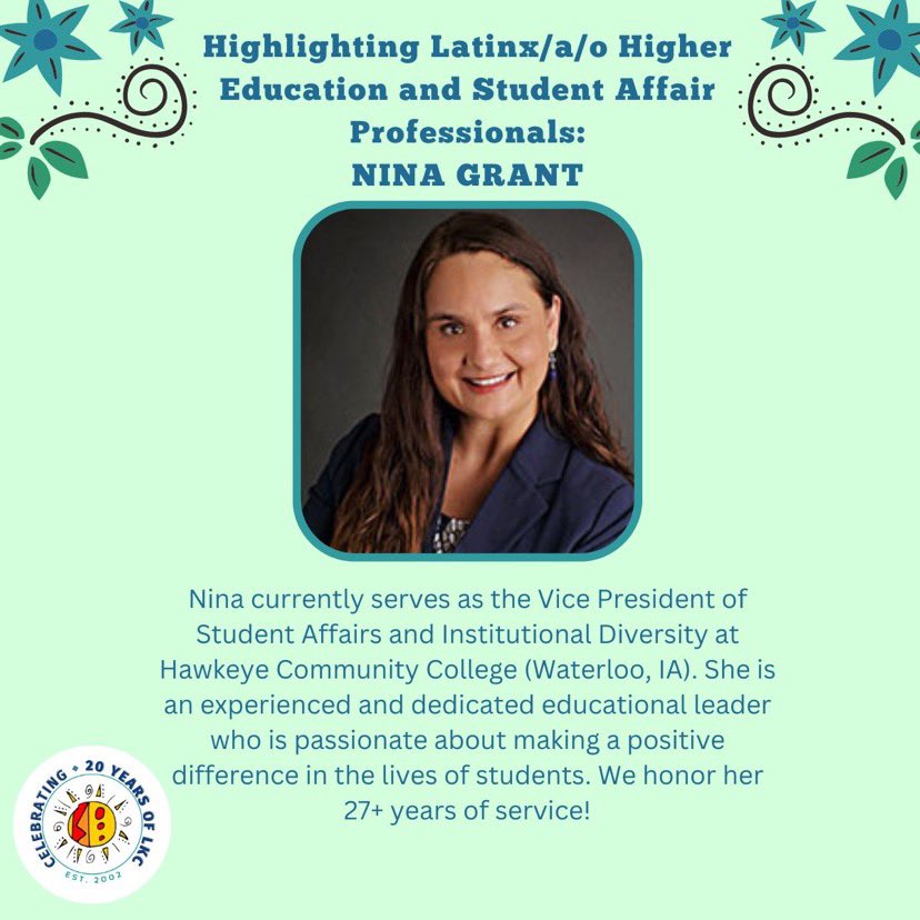 tweetinglavoz's tweet photo. Today's highlight of LHM is... Nina Grant! Let's all shower her with her well-deserved flowers.

Reminder that submissions for 'Highlighting Latinx/a/o Higher Ed and SA Professionals are being accepted until October 1st #naspalkc #LHM #highlight #SApros #DEI #20yrsOfLKC #highered https://t.co/gtPfgNm3Kb