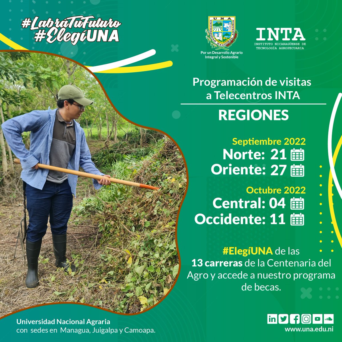 UNAnicaragua's tweet photo. 🤓 Conocé la Programación de visitas a Telecentros del Instituto Nacional de Tecnología Agropecuaria (#INTA) por las distintas regiones de nuestro país, aquí conocerás nuestra oferta académica 2023. 👇
Prepárate 🥳#Nicaragua
#LabraTuFuturo
#ElegíUNA https://t.co/zhsjwl9Whu