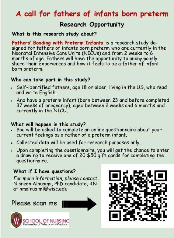 nisreen_naimi's tweet photo. Research opportunity, If you are a father of infant born preterm, please consider participating in a research study. The attached flyer provides more details about the study. Thanks for your consideration. #fathers #preemie #nicudad #dad #nicu #preterm #research #us #premature https://t.co/CsTevnqvqt