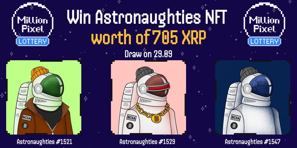 Millionpixelxrp's tweet photo. โญ๏ธPIXEL WALL LOTTERYโญ๏ธ
Everyone who owns a place on the Million Pixel #XRP wall now participates in the lottery to win one of these three amazing @AstroNaughties #NFTs.
1-pixel square = 1 lottery ticket๐๏ธ
๐Join the wall here๐
https://t.co/mfO6k2TdAc
#MoonPoloClub #XRParmy https://t.co/jTniGxq2BA