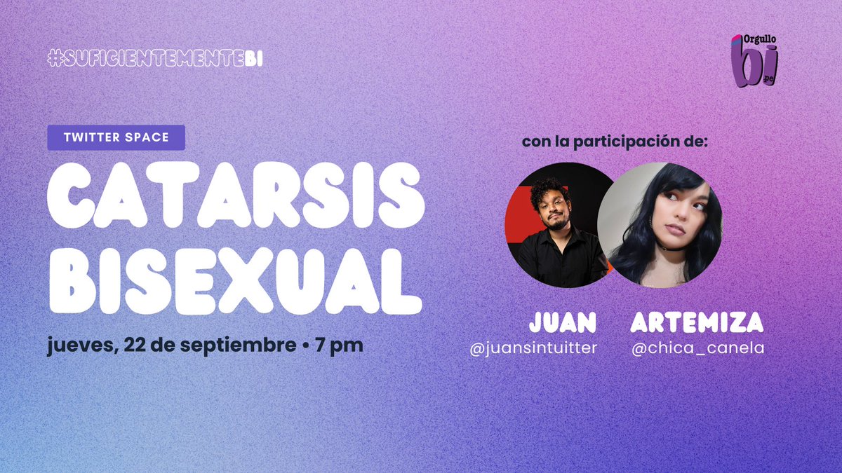 Orgullobipe's tweet image. ¿Te joden los comentarios bifóbicos e invalidantes? ¿No conoces otras personas bisexuales? ¿quieres hacer catarsis porque no entiendes a lxs monosexuales?
Este jueves 7pm conversaremos sobre eso y más por el día de la #VisibilidadBi 💖💜💙con @juansintuitter y @chica_canela