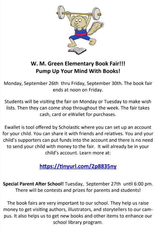WMGreenFWISD's tweet photo. We will have our campus book fair, Monday, September 25 - Friday, September 30. Please see the flyer for more details. #WMGreen #Library #Librarian #Schoolars #OpenABook #ReadingTakesYouPlaces https://t.co/4Sk6FuX8Vl