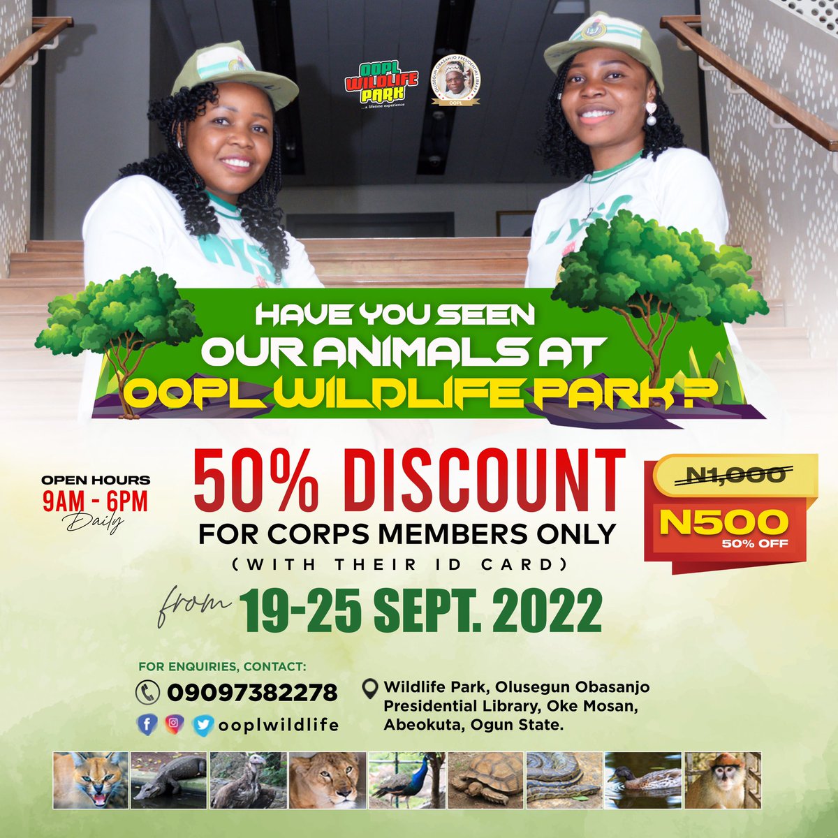 OOPL WILDLIFE PARK (@ooplwildlife) on Twitter photo Looking for an opportunity to explore nature and see your favourite animal? Make sure to stop by this week to enjoy this huge discount. <a href="/NigerianZoos/">Nigerian Association of Zoos and Wildlife Parks</a> <a href="/ooplcinemas/">OOPL - Cinemas</a> <a href="/walecreatives/">IYANU🐐</a>
#oopl #ooplwildlife #ooplwildlifepark #abeokutazoo #abeokuta #NYSC #naijacorper #corpsmember #ogun Looking for an opportunity to explore nature and see your favourite animal? Make sure to stop by this week to enjoy this huge discount. <a href="/NigerianZoos/">Nigerian Association of Zoos and Wildlife Parks</a> <a href="/ooplcinemas/">OOPL - Cinemas</a> <a href="/walecreatives/">IYANU🐐</a>
#oopl #ooplwildlife #ooplwildlifepark #abeokutazoo #abeokuta #NYSC #naijacorper #corpsmember #ogun