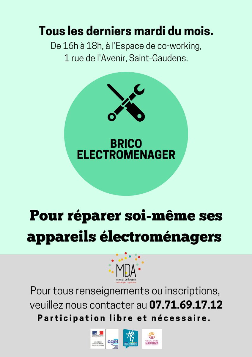 🆘 Besoin de #diagnostiquer une panne sur votre appareil défectueux?

🗓Mardi prochain le 27/09 de 16h à 18h, venez avec votre petit électroménager et apprenez à le #réparer pendant l'atelier #bricoélectroménager😀🛠 🧰

👉Infos et inscription au 07 71 69 17 12