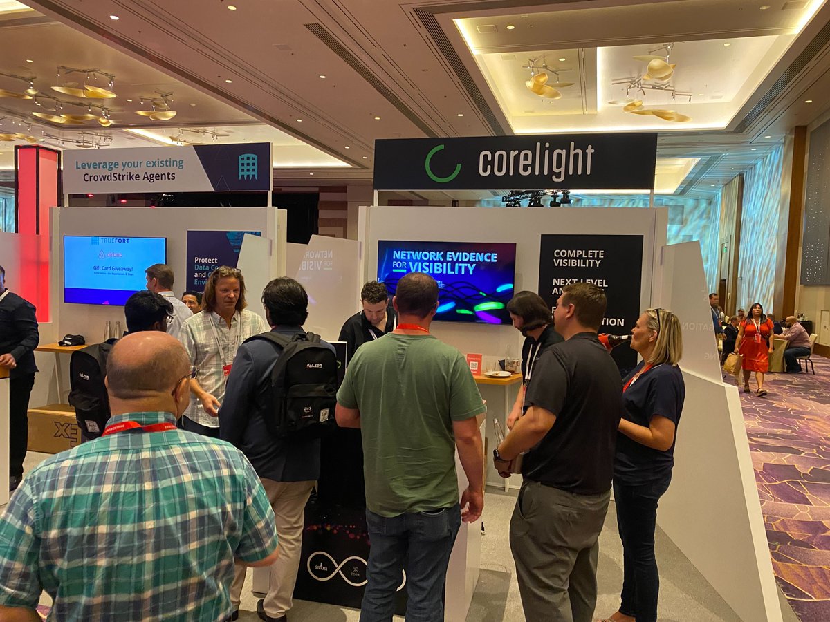 corelight_inc's tweet photo. We've enjoyed meeting attendees at @CrowdStrike's #FalCon2022 so far! Swing by booth #1410 to see how to gain complete network visibility, reduce #IncidentResponse times, and increase your security posture. https://t.co/SHZiNuOvIf #CrowdStrike #DFIR #NetworkSecurity #NDR #XDR https://t.co/q0ao8CAMFI