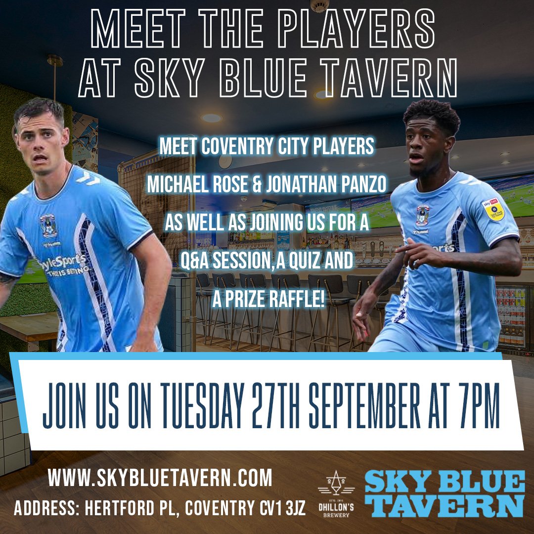 🤝 | MEET THE PLAYERS ⚽ @SkyBlueTavernPH are hosting an evening with Michael Rose & Johnathan Panzo next Tuesday (27th) 🏆 There will also be a quiz and a prize raffle! 👉 Sign up here FREE: bit.ly/3DE1LNL #PUSB