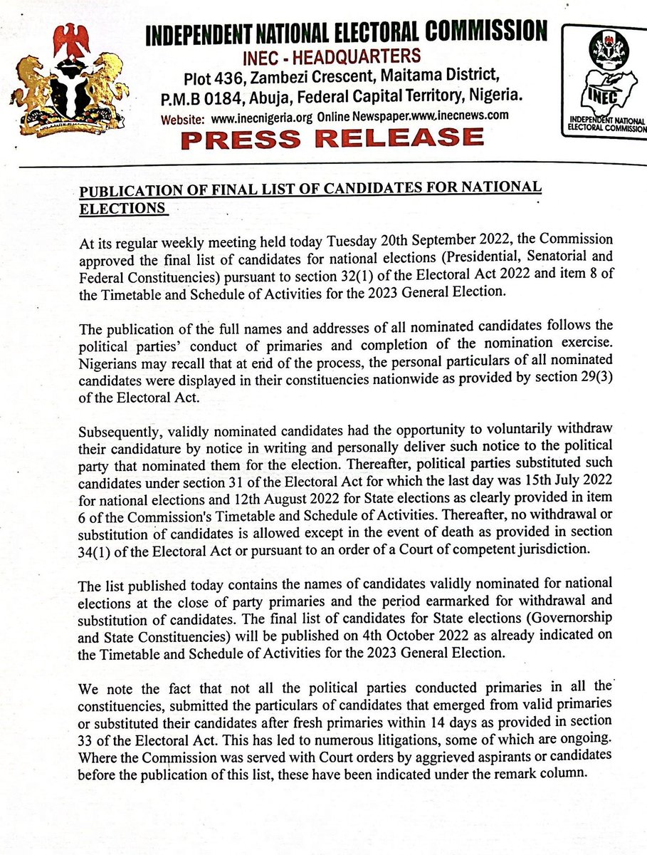 inecnigeria's tweet photo. PRESS RELEASE
Publication of Final List of Candidates For National Elections

Click here to view full list:
https://t.co/Y49xEXMd6e https://t.co/xTkOrVbJGt