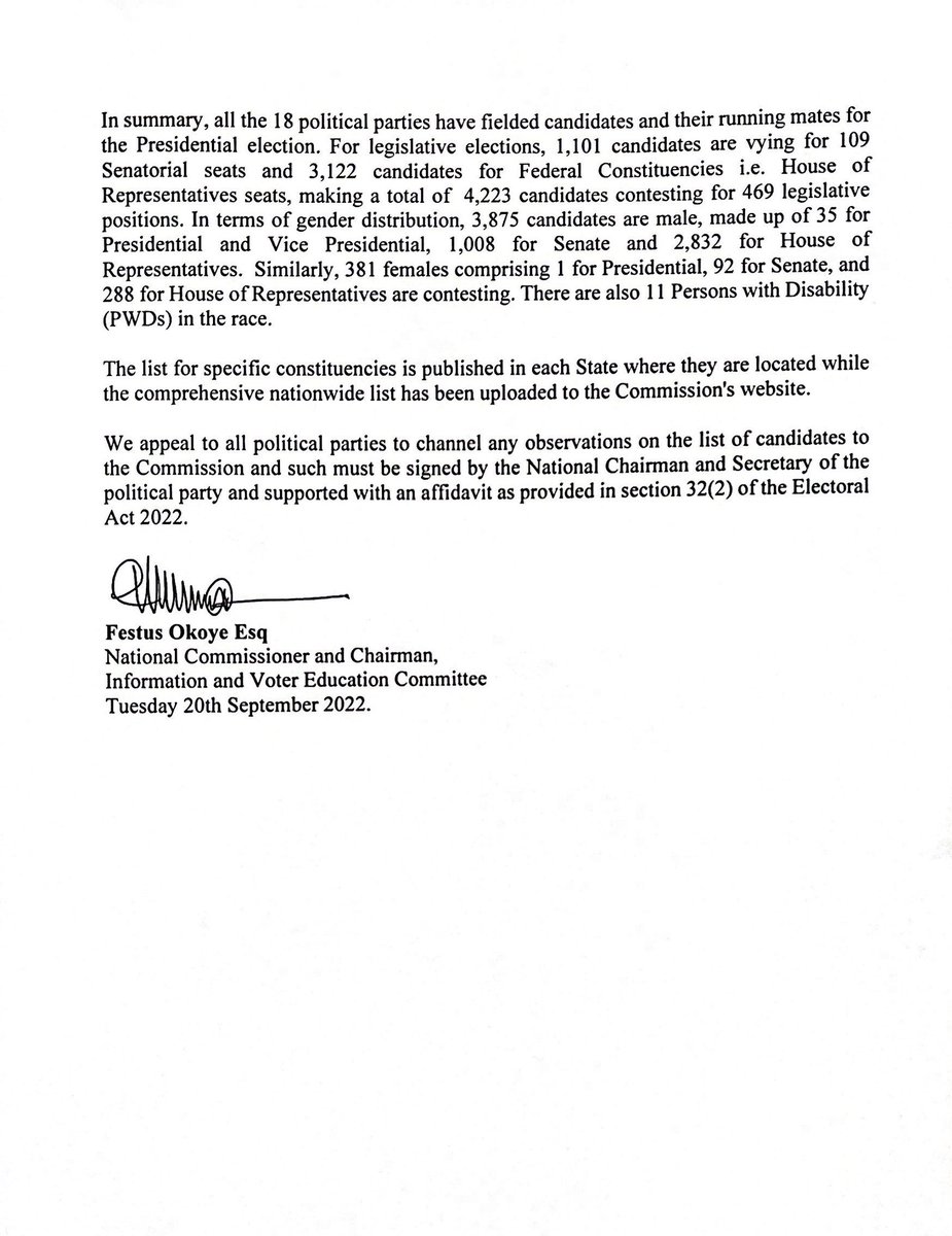 inecnigeria's tweet photo. PRESS RELEASE
Publication of Final List of Candidates For National Elections

Click here to view full list:
https://t.co/Y49xEXMd6e https://t.co/xTkOrVbJGt