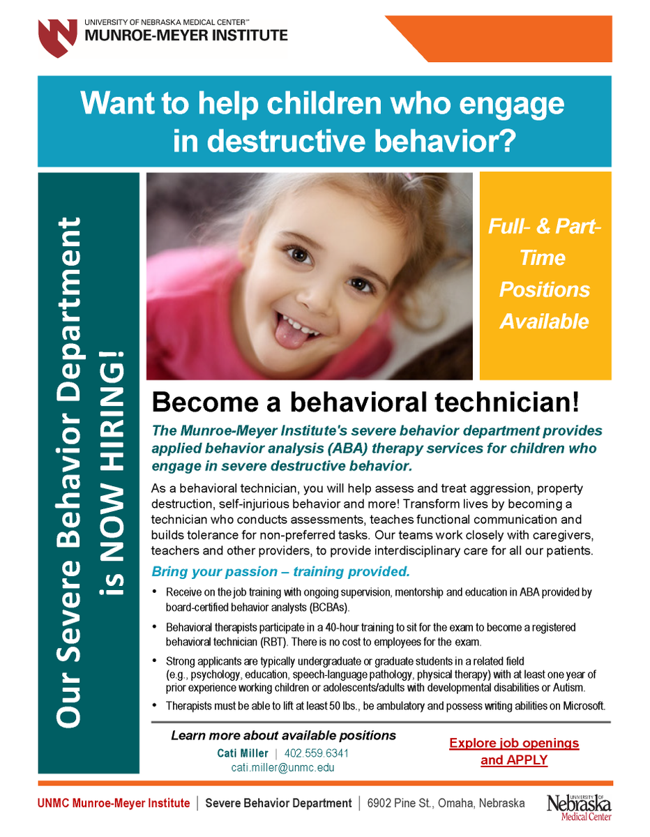 unmc_mmi's tweet photo. Want to help children who engage in destructive behavior? Our #mmiSevereBehavior Department is NOW HIRING full & part time behavioral technicians. #unmcMMI #MMIjobs #MMIemployment
Learn more: cati.miller@unmc.edu | 402.559.6341
Explore openings & apply: https://t.co/zRsy29UDC7 https://t.co/RJtLd3eJCP