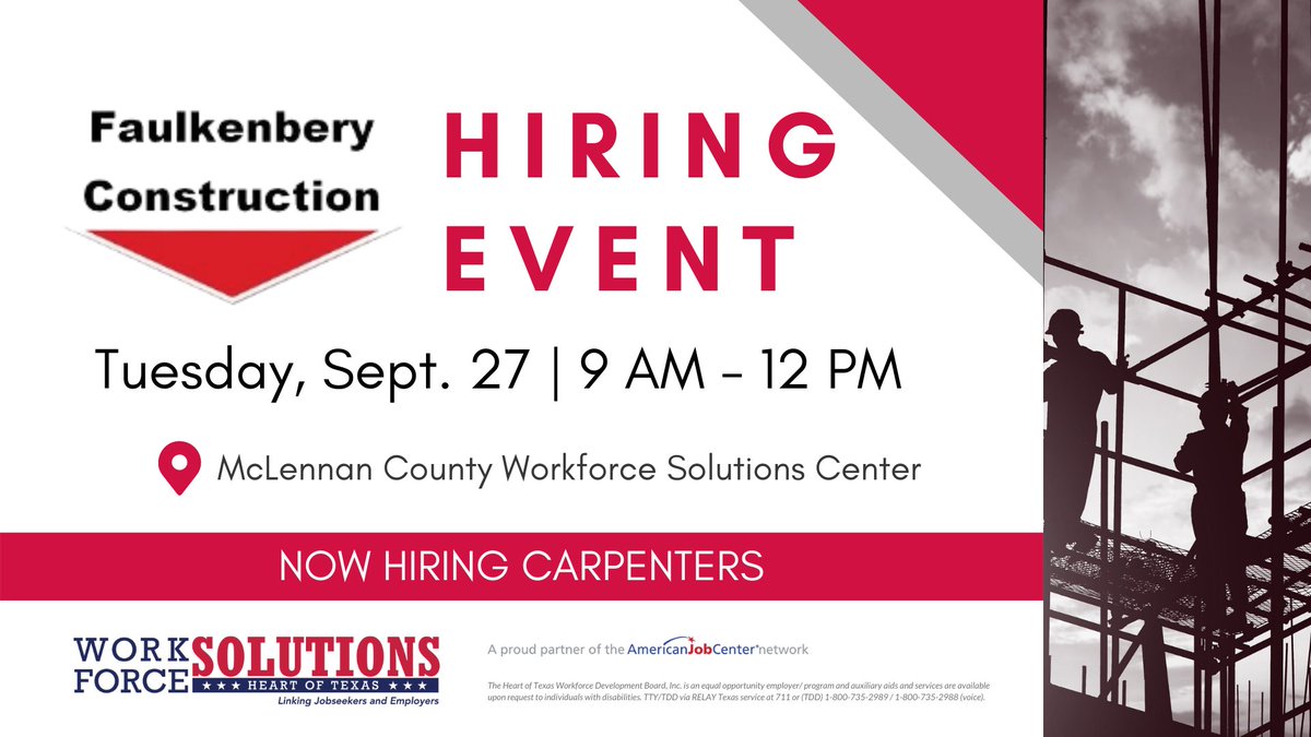 Faulkenbery Construction is looking for Carpenters for immediate hire! Attend their Sept. 27 Hiring Event for a walk-in interview.