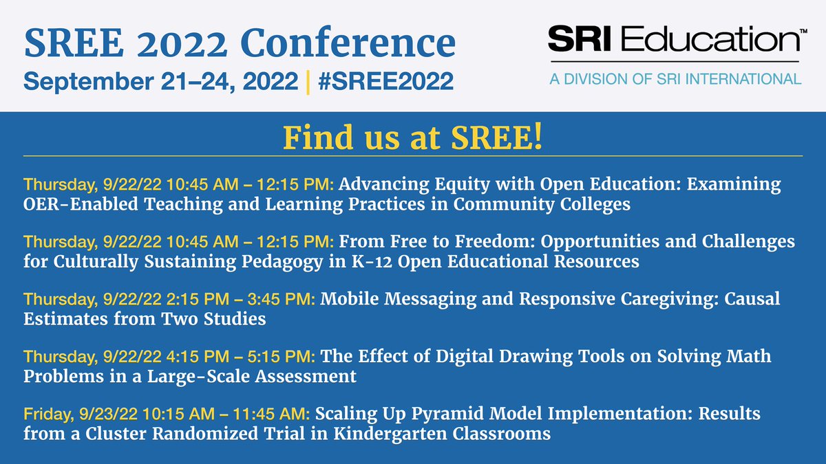 SRI_Education's tweet photo. Find us at #SREE2022!

Education researchers @Grindato, @elisa_b_g, @rebeccajgriffit, @SNixGerard, @xinweiphd, @ela_joshi, @carrie_parker, @GaylorErika, Krystal Thomas, Dominique Tunzi, Madeline Cincebeaux, &amp;  Daniela Saucedo will be presenting!

Register➡️https://t.co/kxo0HzuRsP https://t.co/tJxyKbiVt8