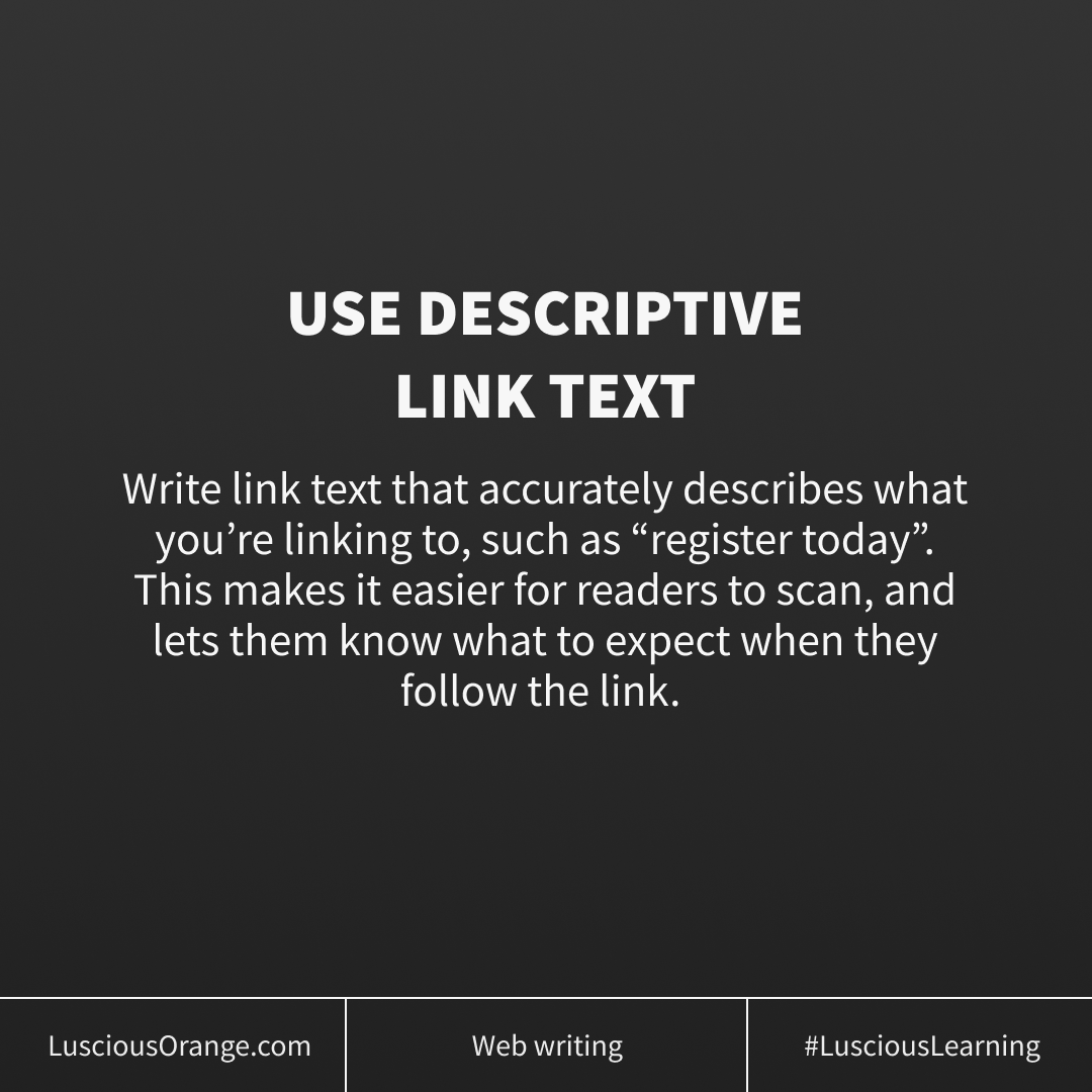 Luscious_Orange's tweet photo. Descriptive website links are crucial to helping visitors navigate your website. You can avoid common mistakes by following a few simple rules.
https://t.co/8MmrtZ3cRx
#LusciousLearning #WebWriting #ContentStrategy #WebDesign https://t.co/6fPUQ8WPXy
