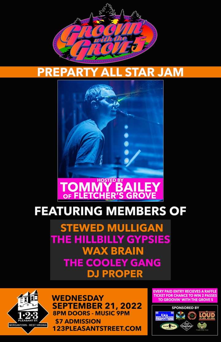 GroovinWV's tweet image. Tomorrow night is the Official Groovin' with the Grove 5 PreParty Super Jam @123pleasant featuring members of Stewed Mulligan, The Hillbilly Gypsies, @WaxBrainWV, The Cooley Gang, and DJ Proper. Each paid entry receives a raffle entry for a chance to win 2 passes to Groovin'. $7
