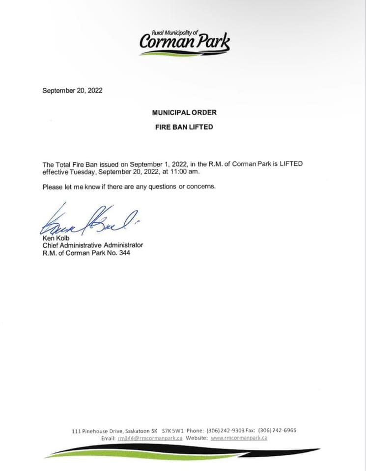 Effective today, the fire ban for the RM of Corman Park has been lifted. Details posted below.
