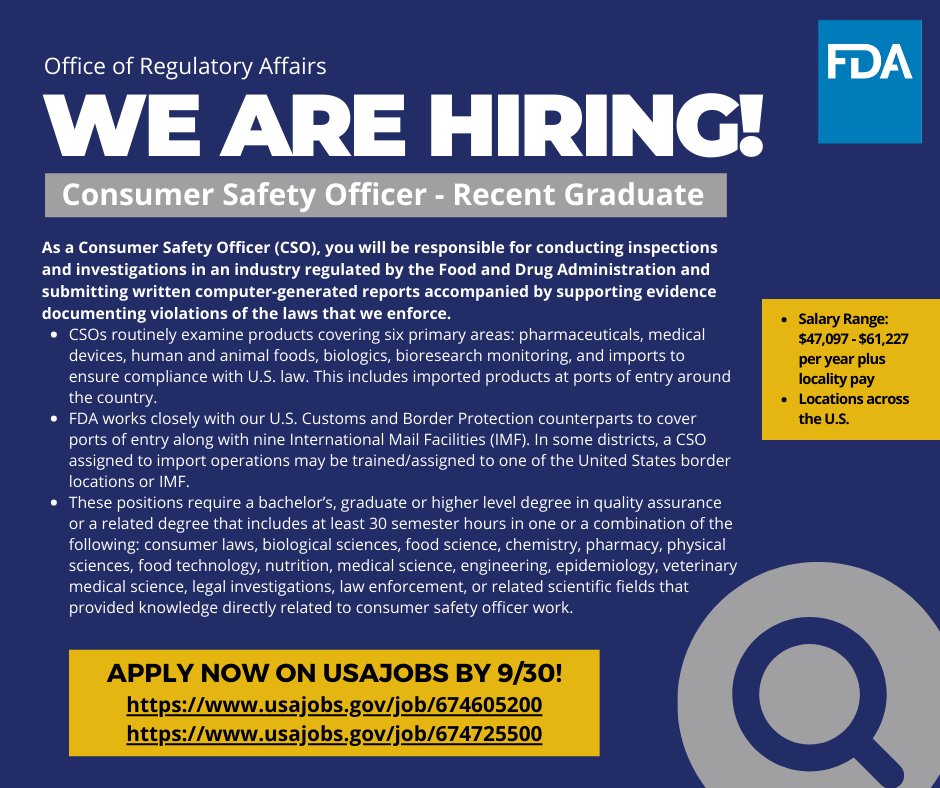 FDAJobs's tweet photo. Two Consumer Safety Officer #vacancies, GS-9, are live on #USAJOBS! These #FDA #jobs are with the Office of Regulatory Affairs in locations all over the US and are exclusively open to #recentgraduates!
Vacancy #1: https://t.co/LbchjFUQ7V
Vacancy #2: https://t.co/Pygt1O319c https://t.co/7C0NWnVgU6
