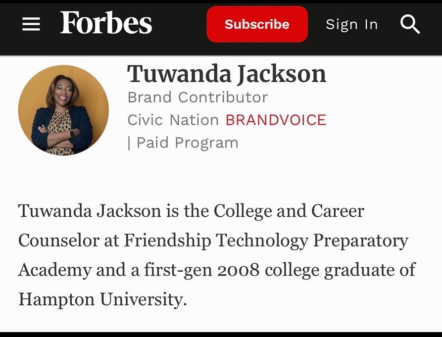FriendshipPCS's tweet photo. Check out #FPCSTechPrep’s very own, Tuwanda Jackson featured in @forbes for #WhyApply day. She discusses her journey on how she got to college and became a first generation graduate as well as what drives her passion as a College & Career Counselor. https://t.co/SHALQilnu3