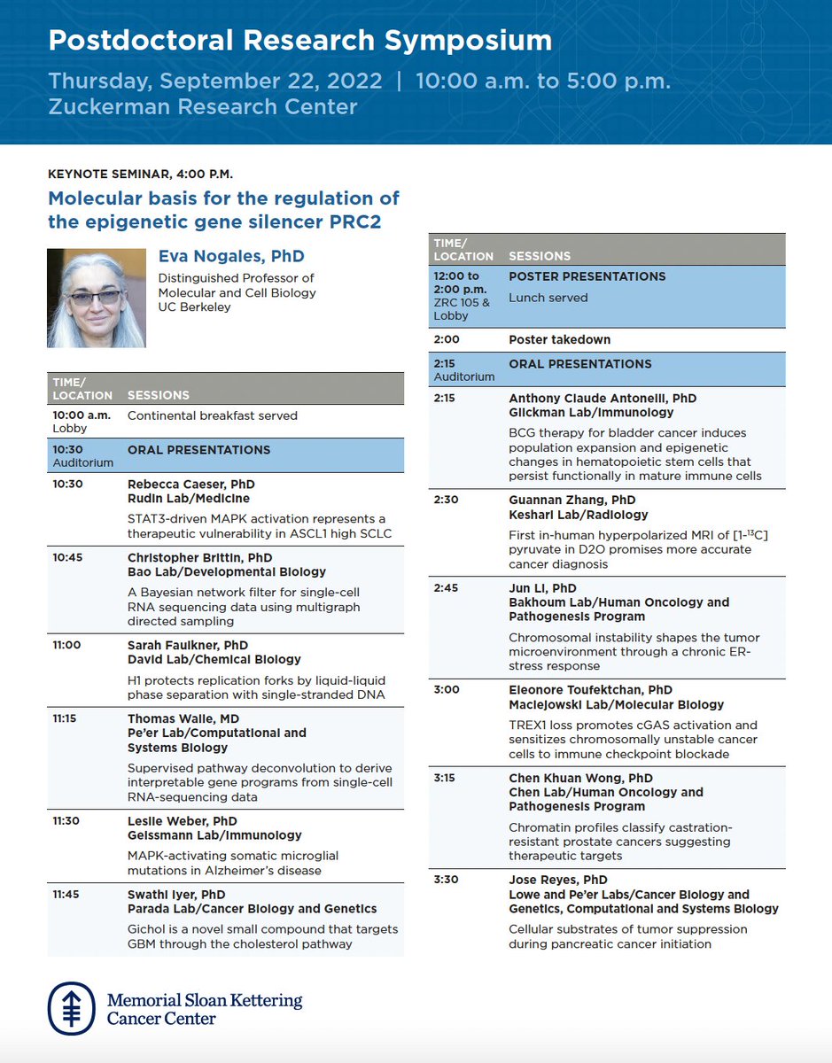 @MSKCancerCenter & the Tri-I community let's continue celebrating @MSKPDA this #NPAW2022! Join us Thursday, 9/22, 10am-5pm for our Annual #MSKPostdocs Research Symposium. The day will include 12 oral talks, a poster session (yes! posters are back!) & a keynote by @nogaleslab.