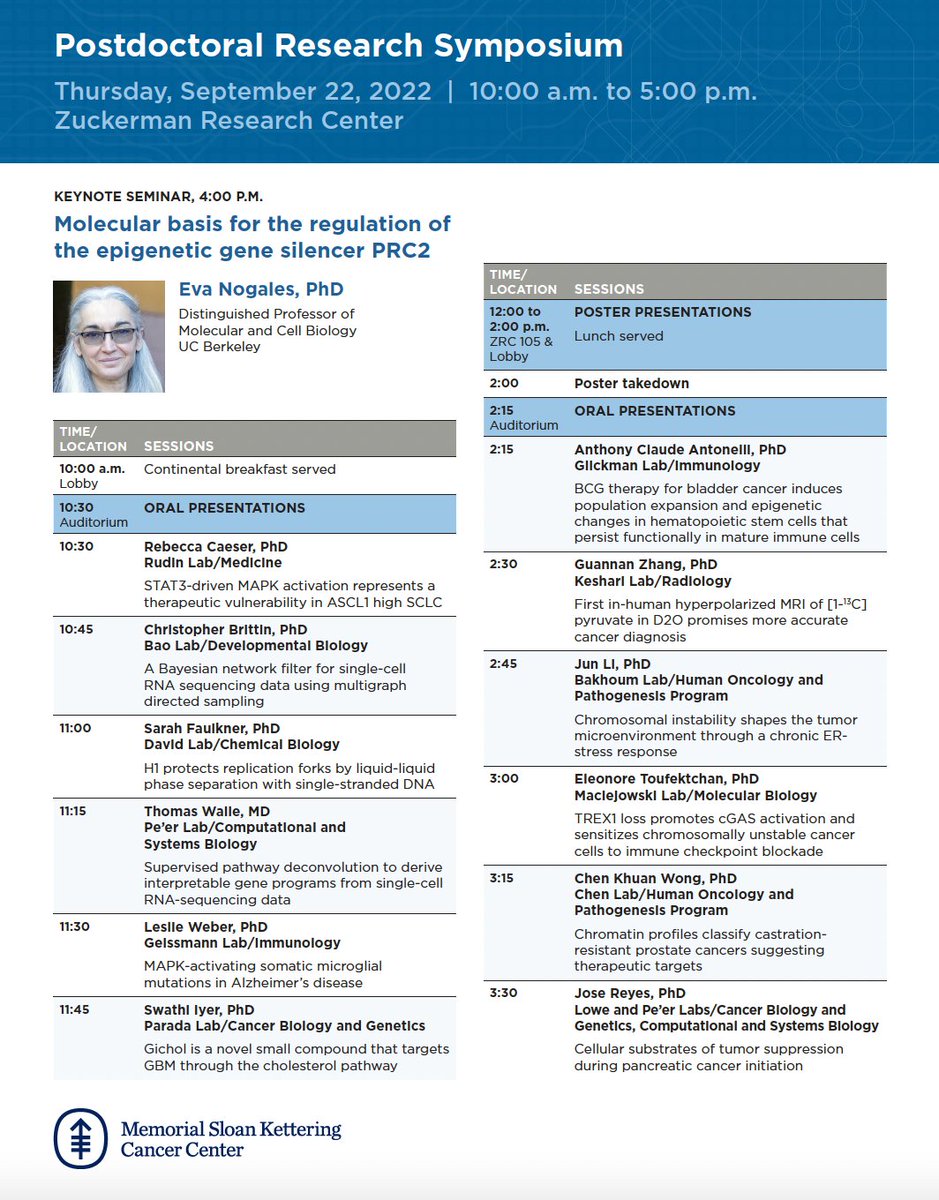 MSK ScienceEducation (@mskeducation) on Twitter photo <a href="/MSKCancerCenter/">Memorial Sloan Kettering Cancer Center</a> & the Tri-I community let's continue celebrating <a href="/MSKPDA/">MSKPDA</a> this #NPAW2022! Join us Thursday, 9/22, 10am-5pm for our Annual #MSKPostdocs Research Symposium. The day will include 12 oral talks, a poster session (yes! posters are back!) & a keynote by @nogaleslab. <a href="/MSKCancerCenter/">Memorial Sloan Kettering Cancer Center</a> & the Tri-I community let's continue celebrating <a href="/MSKPDA/">MSKPDA</a> this #NPAW2022! Join us Thursday, 9/22, 10am-5pm for our Annual #MSKPostdocs Research Symposium. The day will include 12 oral talks, a poster session (yes! posters are back!) & a keynote by @nogaleslab.