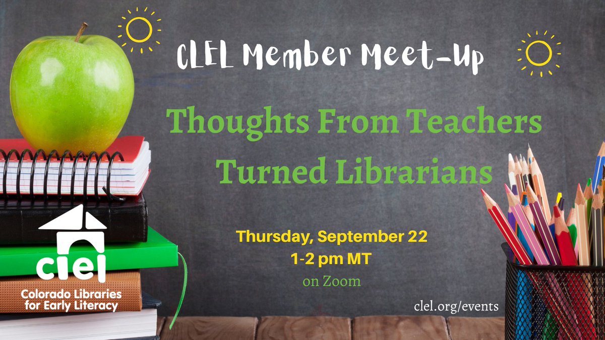 Are you a teacher-turned-librarian? Come share your knowledge and experience with other early literacy professionals at the CLEL Member Meet-Up tomorrow, Sept 22, 1-2pm MDT. Not a former educator? Come learn from your colleagues. Find the Zoom link at: clel.org/event/clel-mem…