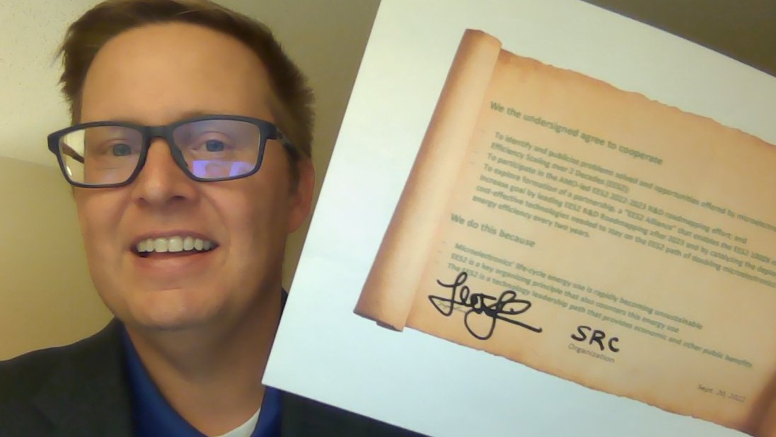 doc_younkin's tweet photo. In alignment to SRC’s Commitment to Sustainability, I was proud to sign DOE’s Energy Efficiency Scaling (EES2) pledge earlier today. DOE’s EES2 goal is to improve the energy efficiency of microelectronics’ by 1000x over the next 2 decades (double every 2 yrs). Well done, AMO. https://t.co/TKVTK1FLDR