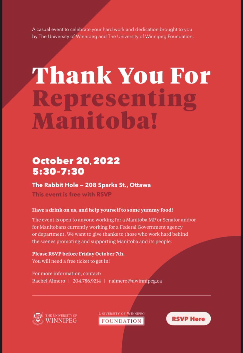 IpacManitoba's tweet photo. Thank You For Representing Manitoba!

Oct 20,2022
5:30-7:30 EST
The Rabbit Hole - 208 Sparks St., Ottawa

This free event is open to anyone working for a MB MP or Senator &amp;/or
for Manitobans currently working for a Federal Government agency
or department. https://t.co/TuIP0RX42h https://t.co/tc4o3gXTOq