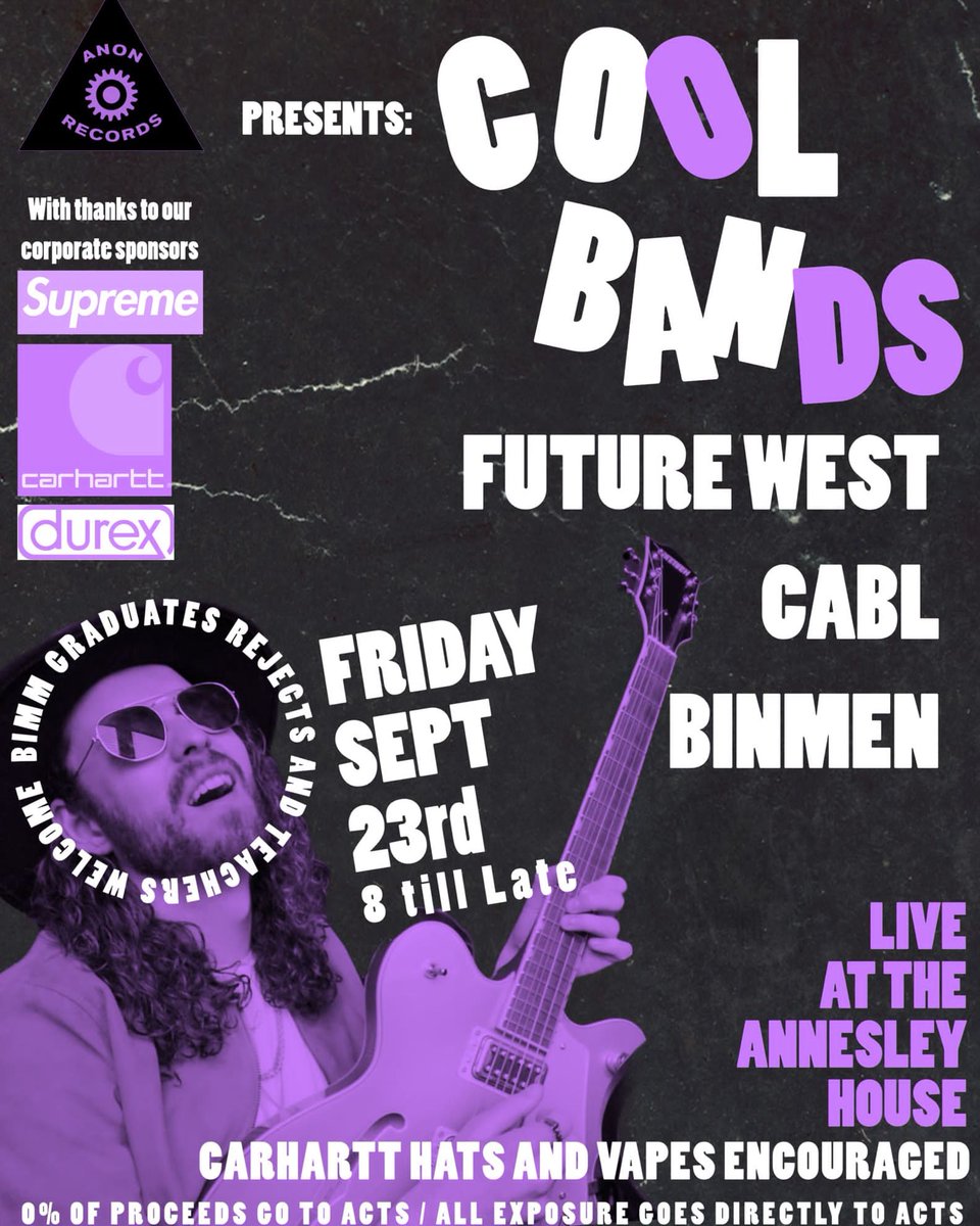 chunky66's tweet photo. great gig happening this Friday, at The Annesley House, D3.
FUTURE WEST, CABL, BINMEN
Friday 23rd September.
#FutureWest #CABL #Binmen
#AnnesleyHouse #AnonRecords
@futurewest_ @CABL_THE_BAND @records_anon @theGOOdublin
#Dublin #Music #LiveMusic #Gig #thegoo #thegoingoutoutguide https://t.co/jYACPyddmu
