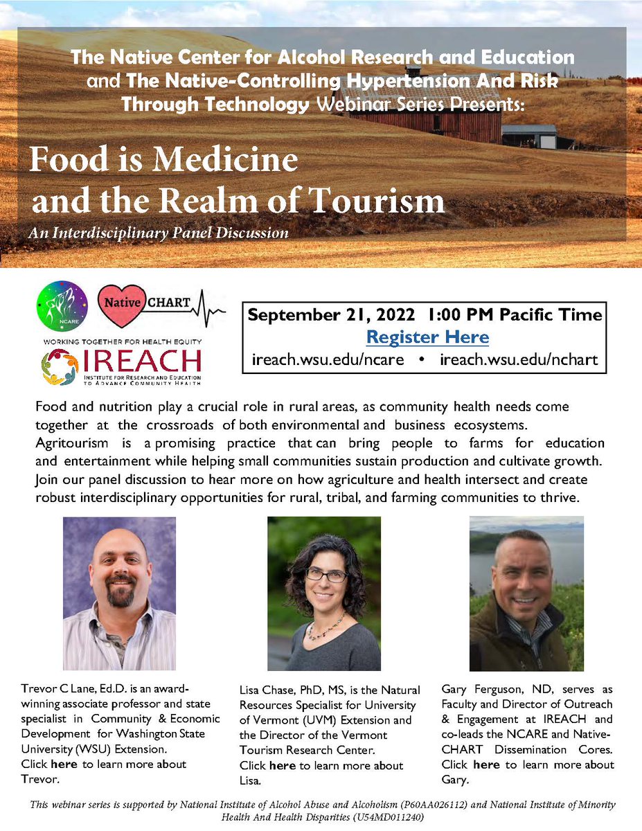 ireach_wsu's tweet photo. There is still time to register for our next @ireach_wsu webinar on agritourism and community health! Tomorrow, Sept 21 at 1 PM PT. Join @WSUExtension and @uvmvermont to hear about how agriculture and health intersect. @WSUMedicine @WSUSpokane @deinfami  
#NCARE #NCHART https://t.co/IkFD9qv0qA