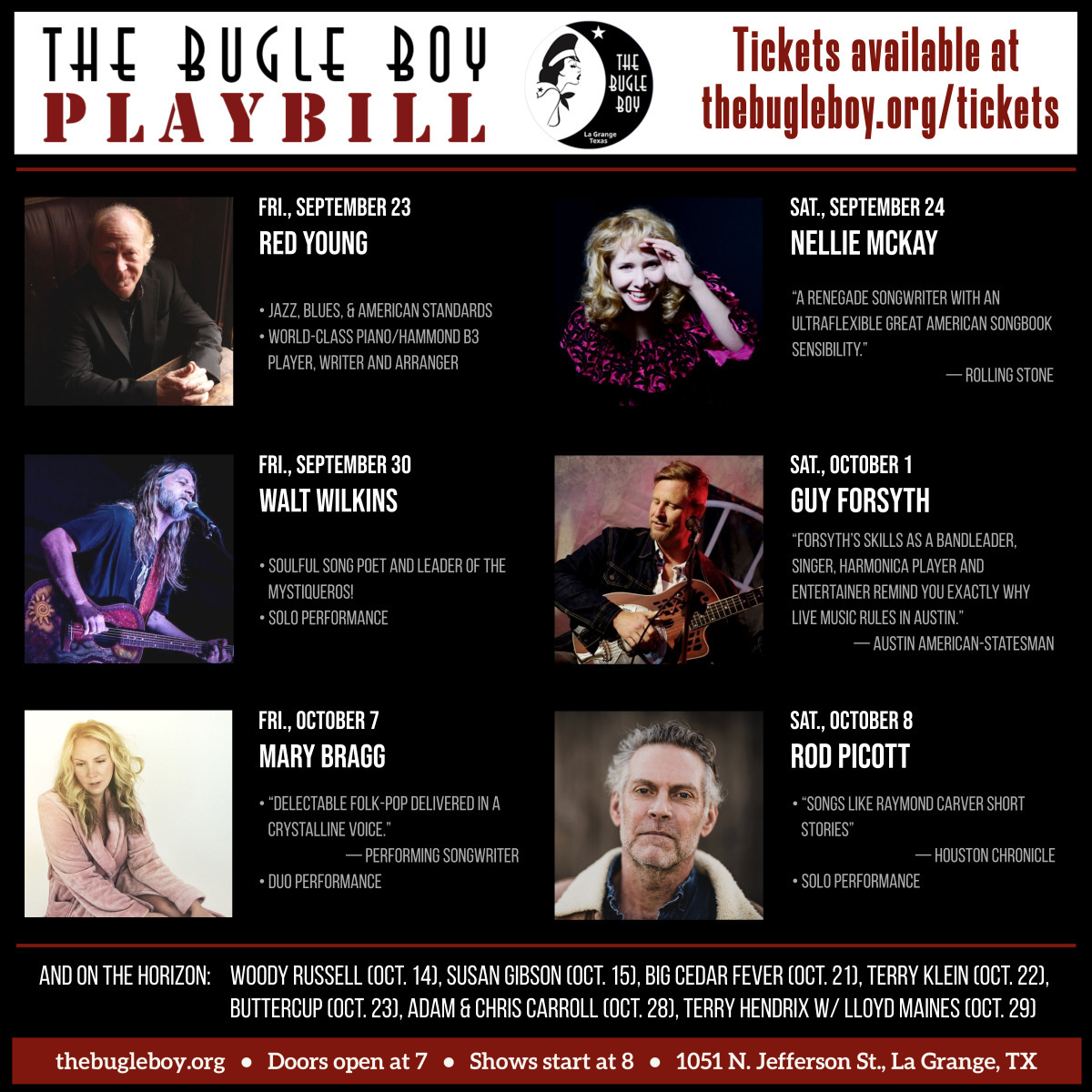 BugleBoyTX's tweet photo. Check out our upcoming shows and join us! In #lagrange or online! https://t.co/5ihoVz47TK
#RedYoung #NellieMcKay @mystiquero1 @guy_forsyth @marybragg @RodPicott #roundtop #livemusic #listeningroom https://t.co/HLDcrcsU7U