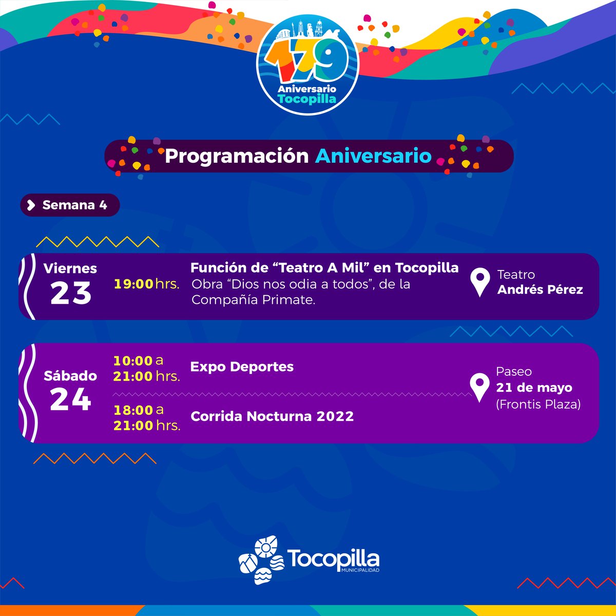 ¡Hola, Tocopilla!🎉
Les dejamos el calendario de actividades oficiales por la celebración de fiestas patrias esta semana de nuestro mes de aniversario👌🏻.

#Tocopilla #aniversario179