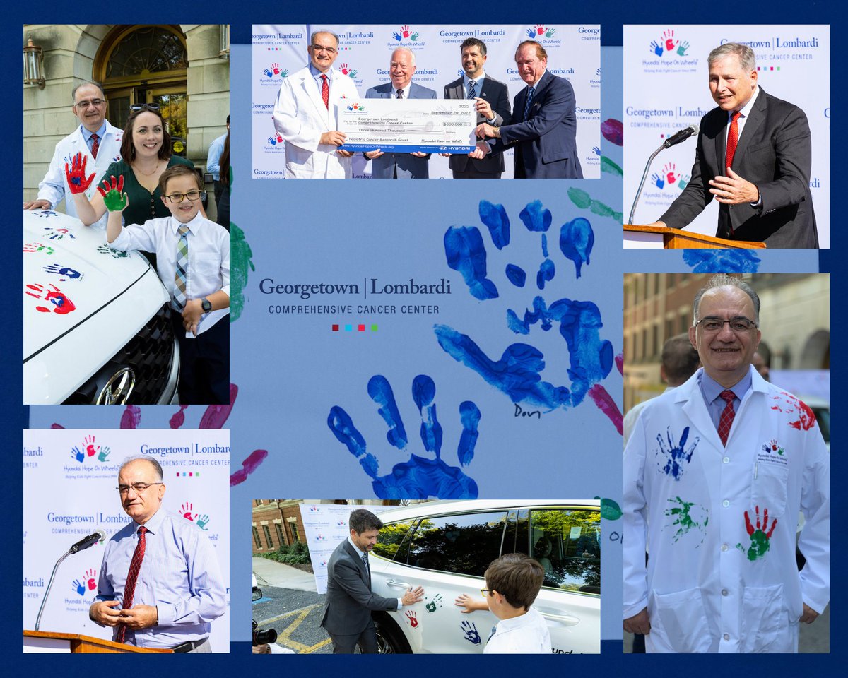 LombardiCancer's tweet photo. Today, @hopeonwheels presented @LombardiCancer with a $300,000 Hope grant to support Dr. Toretsky's research on Ewing sarcoma. Along with the grant, we were excited to have HHOW’s Youth Ambassador, Oliver Foster, add his handprint to the Hyundai vehicle on our campus. https://t.co/9E4RUrCeac