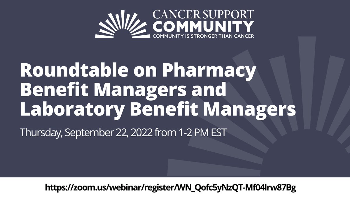 CSCCancerPolicy's tweet image. Join us Thursday, September 22 at 1 PM EST for a webinar to learn more about the roles of Pharmacy Benefit Managers and Laboratory Benefit Managers and their impact on coverage decisions.
Register here: bit.ly/3SmrRZZ