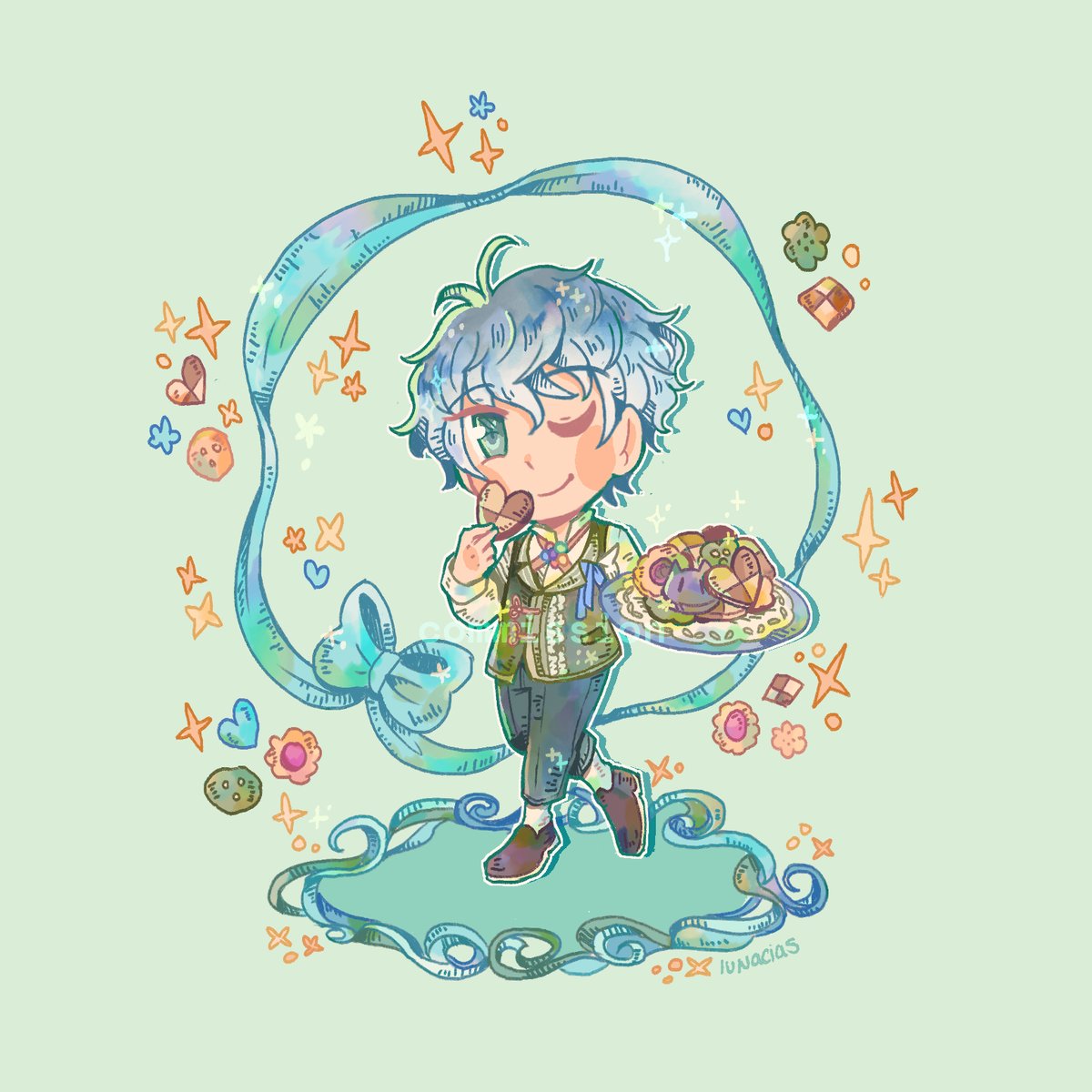 1boy cookie male focus one eye closed food solo blue hair  illustration images