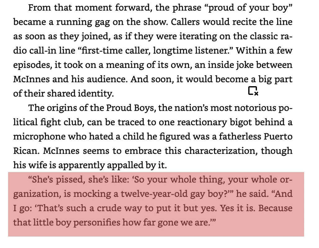 I think people are generally aware that the Proud Boys are a fundamentally racist group.

I don't think people realize their very name is based on a racist joke their founder made while watching a school play.

That's the start of <a href="/AndyBCampbell/">Andy Campbell</a>'s book, and it's jaw dropping.