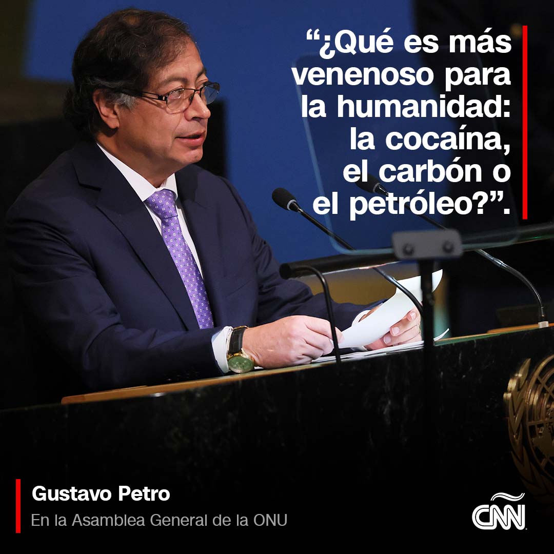 CNNEE's tweet photo. Gustavo Petro habló por primera vez ante una Asamblea General de las Naciones Unidas y dio un apasionado discurso criticando la guerra contra las drogas, las formas de erradicar los cultivos ilícitos y, además, defendió el medio ambiente.

🗣️ ¿Qué te parecieron sus declaraciones? https://t.co/yP19isTGUk