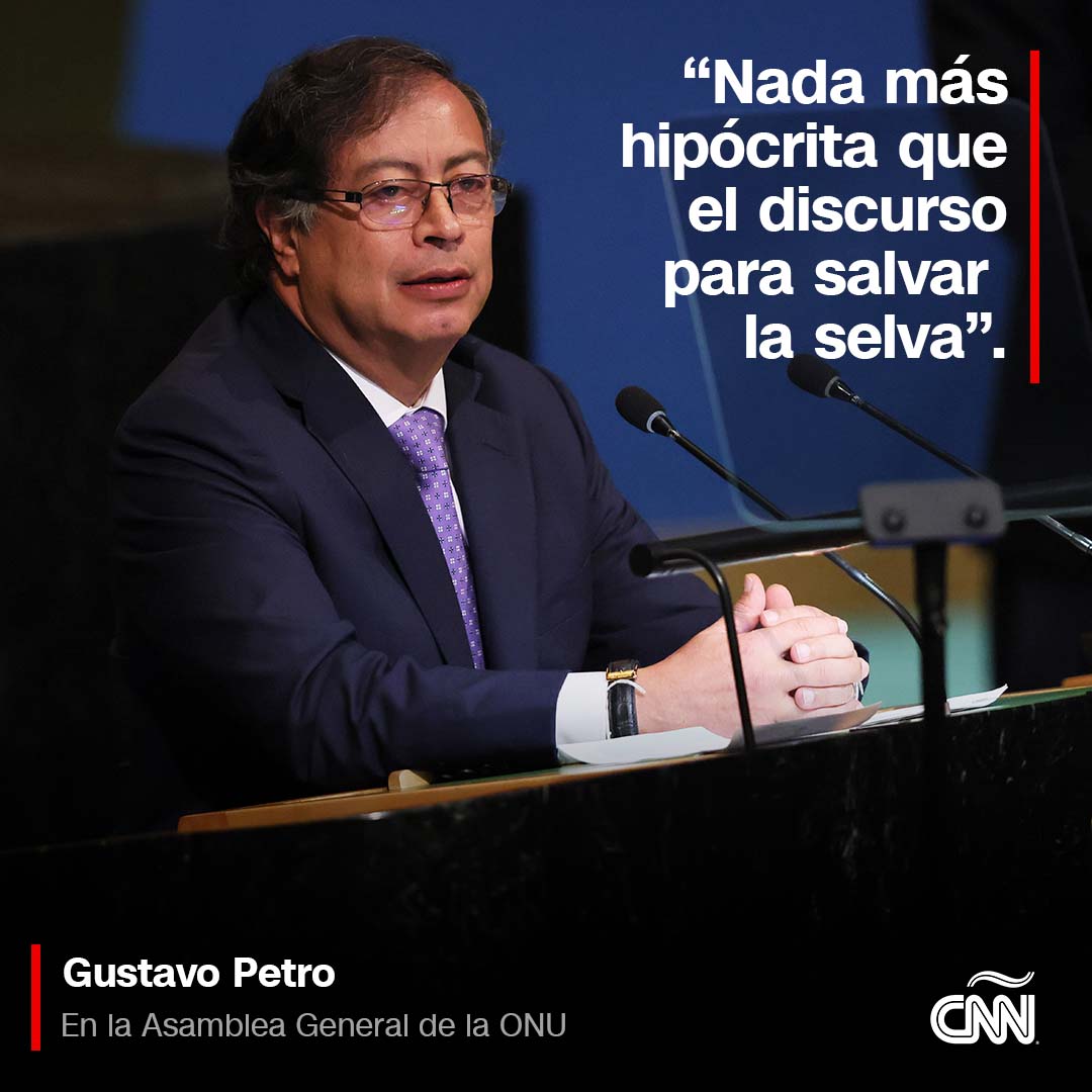 CNNEE's tweet photo. Gustavo Petro habló por primera vez ante una Asamblea General de las Naciones Unidas y dio un apasionado discurso criticando la guerra contra las drogas, las formas de erradicar los cultivos ilícitos y, además, defendió el medio ambiente.

🗣️ ¿Qué te parecieron sus declaraciones? https://t.co/yP19isTGUk