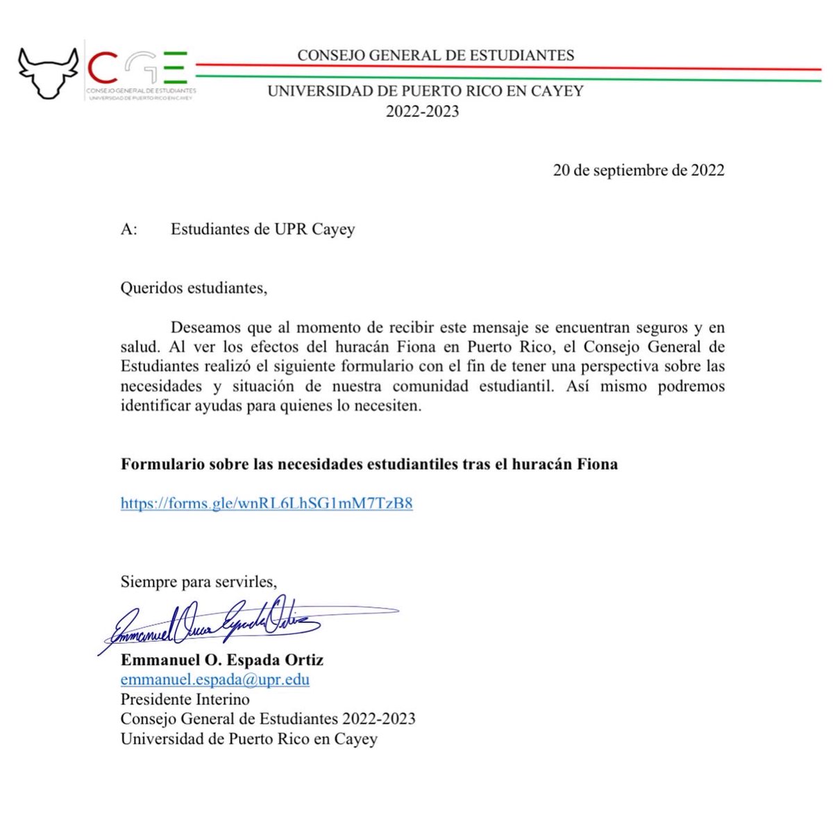 🚨A nuestra comunidad estudiantil🚨

Se les comparte el siguiente formulario para que ustedes puedan comunicarnos de su situación y necesidades tras el huracán Fiona. Es anónimo y se hace con el fin de que se puedan identificar ayudas para quienes necesiten.