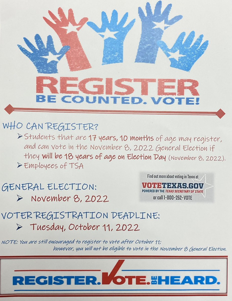 TISDTHS's tweet photo. Tomball High School students: Exercise your right to vote! Stop by our voter registration table tomorrow during your lunch if you qualify to vote. Get registered and let your voice be heard. https://t.co/iZfTqiUp07