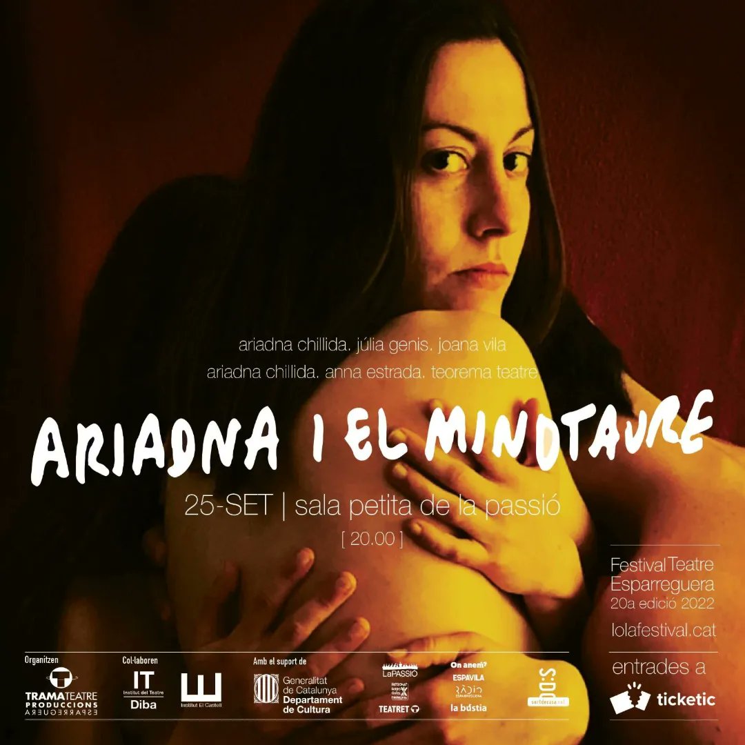 LolaFestival's tweet photo. 📢👉🏻25 setembre 20h | Sala Petita @Teatre_LaPassio #Esparreguera
 "Ariadna i el minotaure", d’Ariadna Chillida, direcció d’Anna Estrada.
Amb Ariadna Chillida, Júlia Genís i Joana Vilà

La vida d’Ariadna canvia radicalment després d’una nit. Una nit i prou. https://t.co/nnppmnM1m5