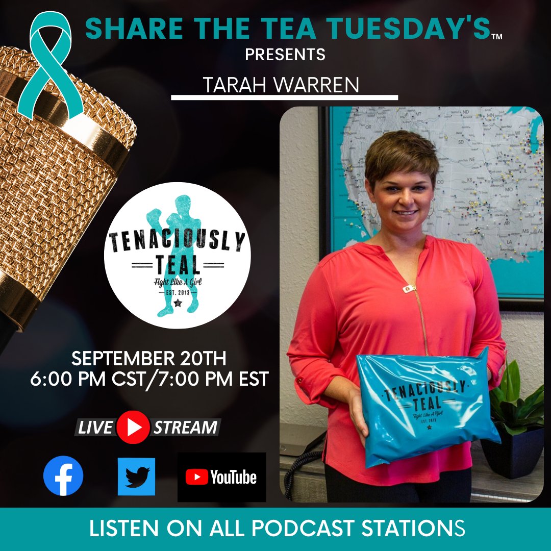 Share The Tea Tuesday's is HERE!    Tune in with special guest Tarah Warren owner of Tenaciously Teal @tteal_inc ❤️.

Let's TALK! 

#ShareTheTea #Live2Learn
#TeaTuesdays #Podcast #ovariancancer
#ovariancancerawarenessmonth