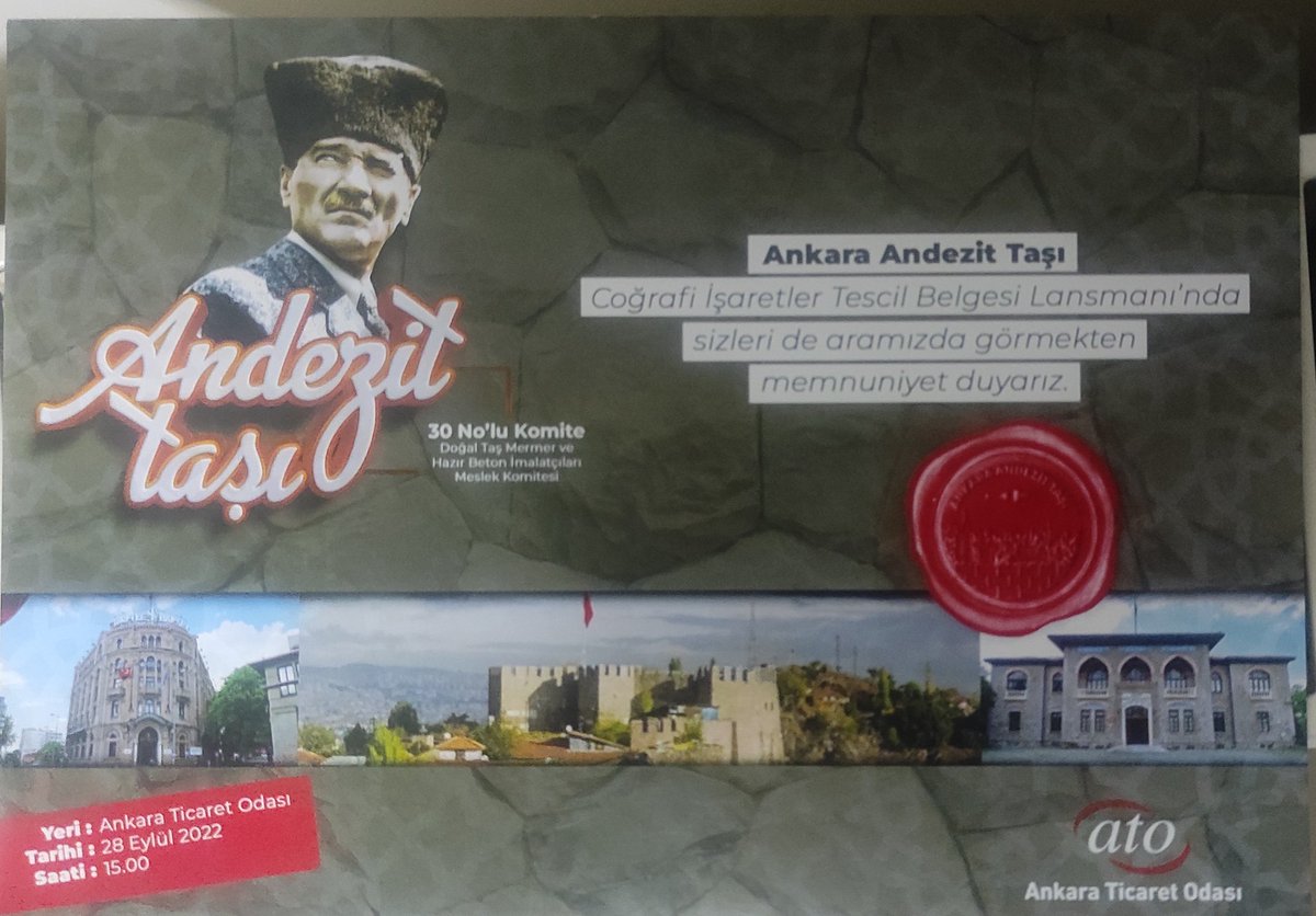 Ankara Andezit Taşı Coğrafi İşaretler Tescil Belgesi Lansmanı'nda sizleri de aramızda görmekten memnuniyet duyarız. <a href="/ATOkurumsal/">Ankara Ticaret Odası</a> <a href="/GurselBaran/">Gürsel Baran</a> <a href="/AlihsanGl4/">Ali İhsan Güçlü</a>