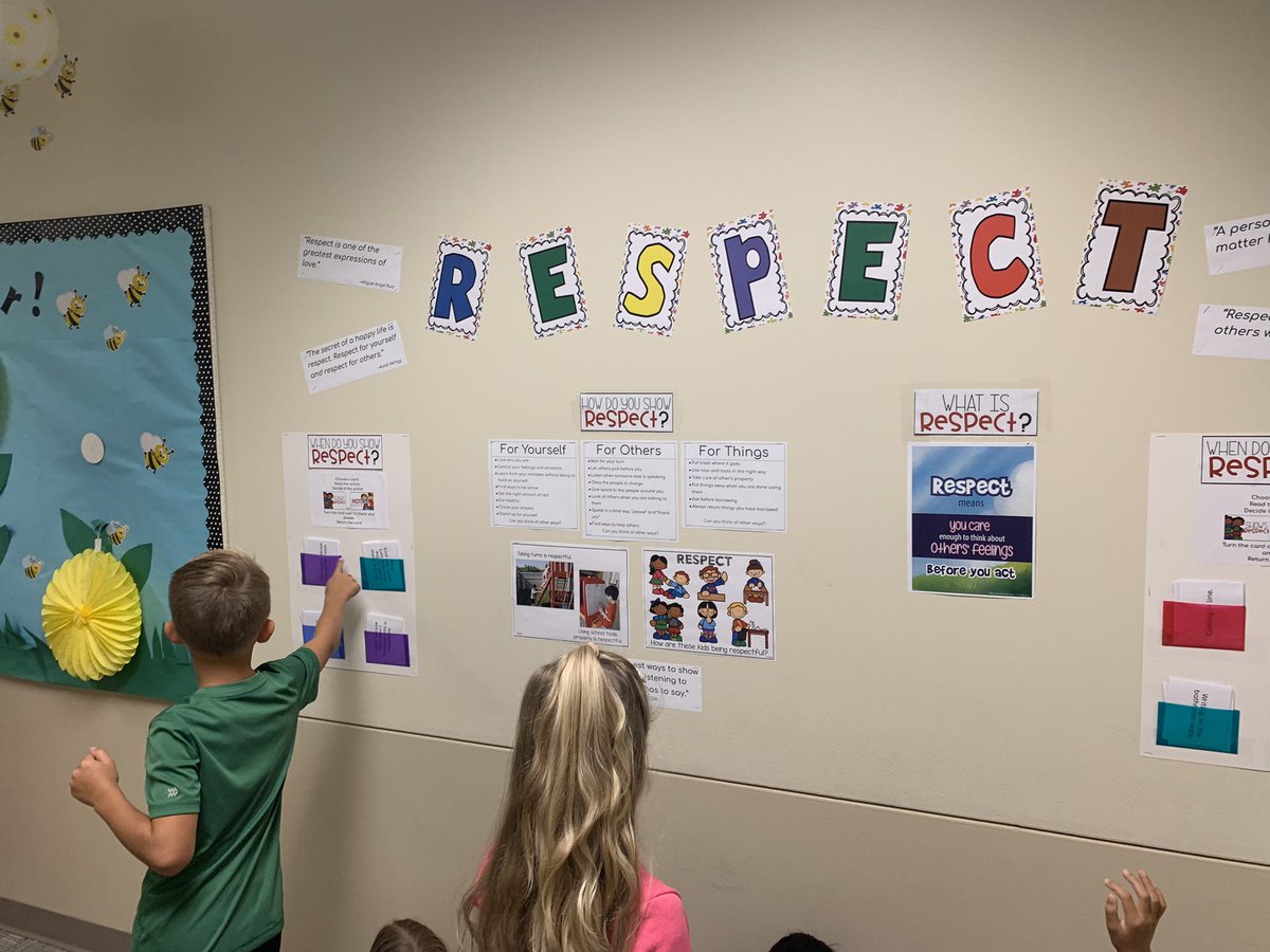 KateWaltherOTES's tweet photo. Our C.L.A.S.S. Leadership team is adding interactive displays of our lifelines to our hallways! This 1st grade class was at a restroom break and used the scenario cards to think about whether the action on the card was showing respect or not. #OTESacorns https://t.co/yV0HB0ftfi