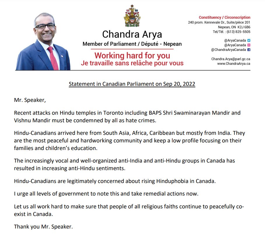 Here is the complete text of my statement in Canadian parliament on the recent hate crime incidents on Hindu temples in Toronto.