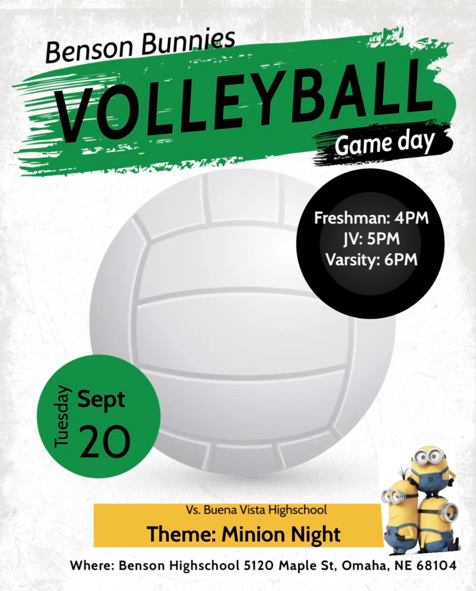 Benson_VB's tweet photo. 📢📢 It’s a beautiful day for 🏐 

Tonight Benson 🐰 Volleyball Team 🆚 Buena Vista Highschool‼️ 

Tell a friend &amp; come support! 

Tonight’s theme: Minion Night 
Wear yellow or your favorite minion gear 🟡🟨 

#GoBunnies #WorkHardPlayHard https://t.co/Zy4O9KEzdV